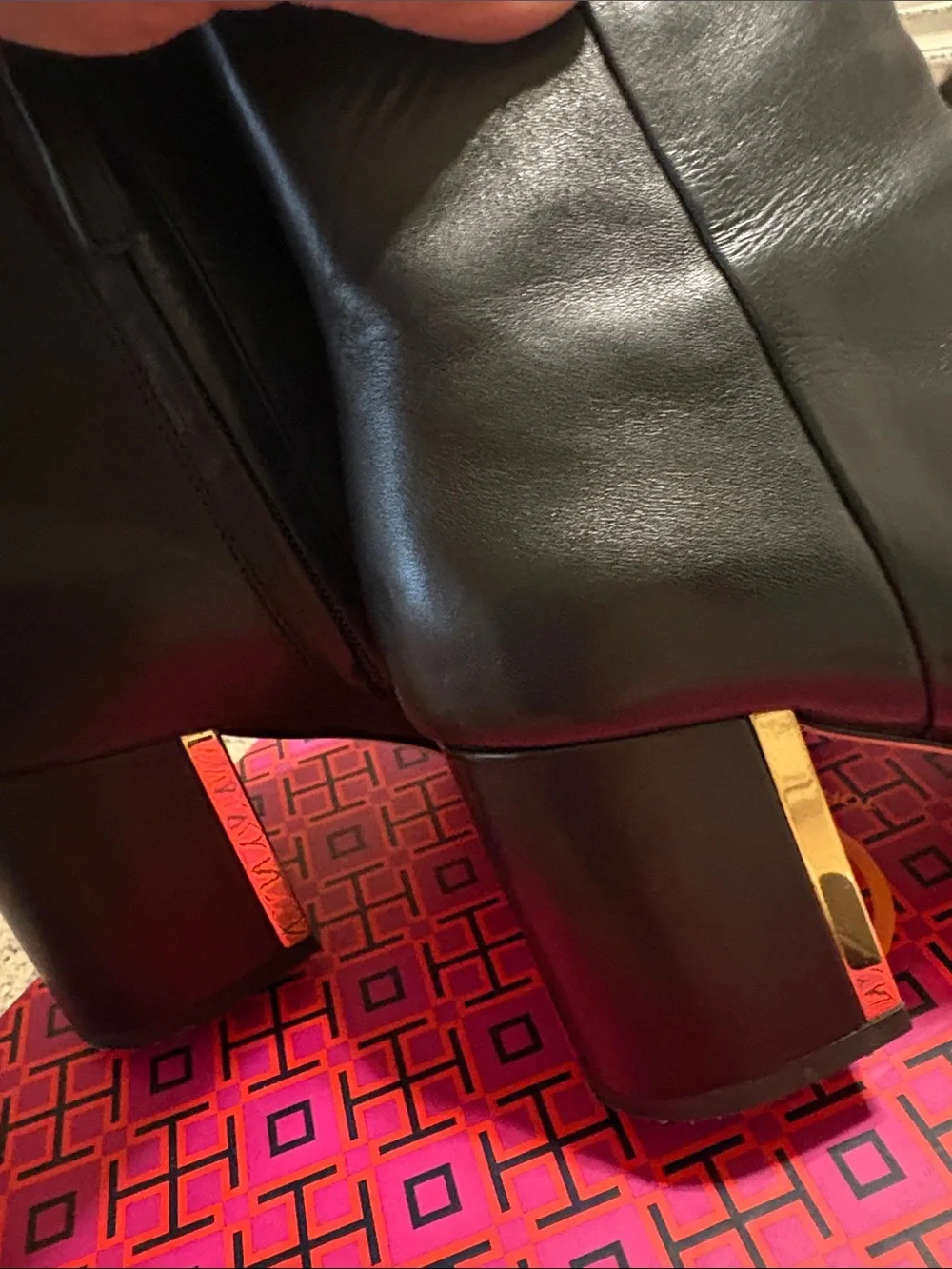 Tory Burch Black Leather Ankle Booties with Gold Heel Detail